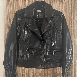 DKNY Crinkle Crop Faux Leather Biker Jacket